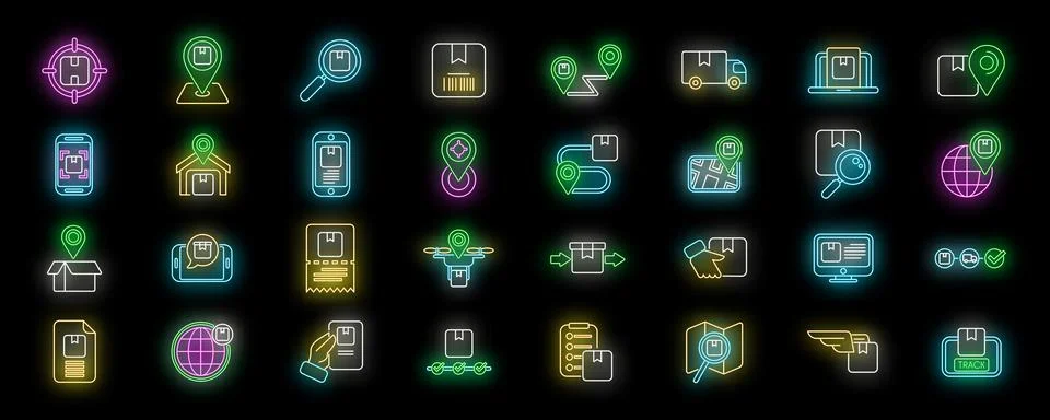 Parcel tracking icons set vector neon Stock Illustration