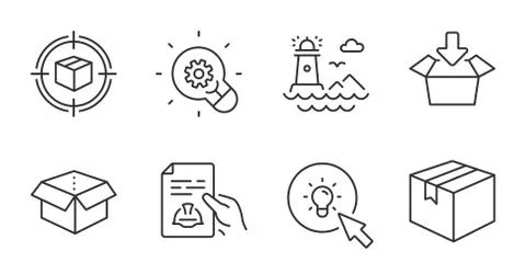 Parcel tracking, Lighthouse and Energy icons set. Get box, Parcel and Open box Stock Illustration