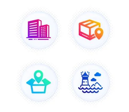 Parcel tracking, Package location and Buildings icons set. Lighthouse sign Illustrazione stock