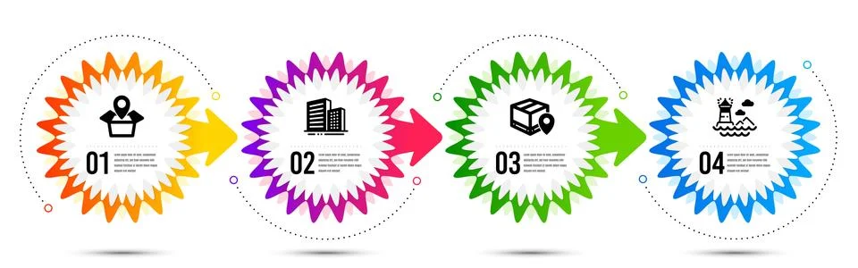 Parcel tracking, Package location and Buildings icons set. Lighthouse sign Stock Illustration