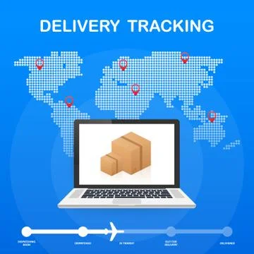 Parcel tracking website on laptop screen. Online package tracking. Modern con Illustrazione stock