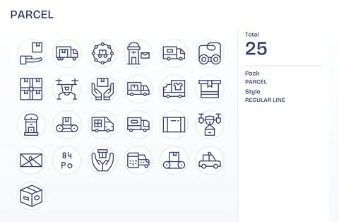 Parcel Vector Icon Set with 25 Regular Line 128x128 Pixel Optimized Graphics Stock Illustration
