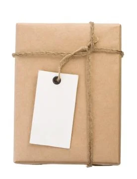 Parcel wrapped packaged box and label on white Stock Photos