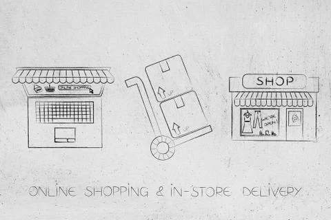 Parcels in between laptop and shop for in-store delivery concept Stockillustratie