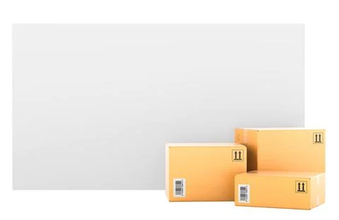 Parcels with blank card template. 3D rendering Illustrazione stock