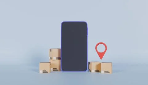 Parcels box or Cardboard boxes and Pin pointer mark location with Smartphone Stock Photos