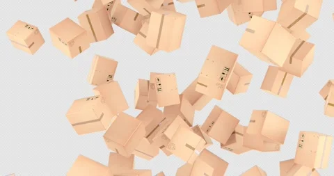 Parcels, cardboard boxes falling down. 3D animation on transparent background Stockbeeldmateriaal 305795027