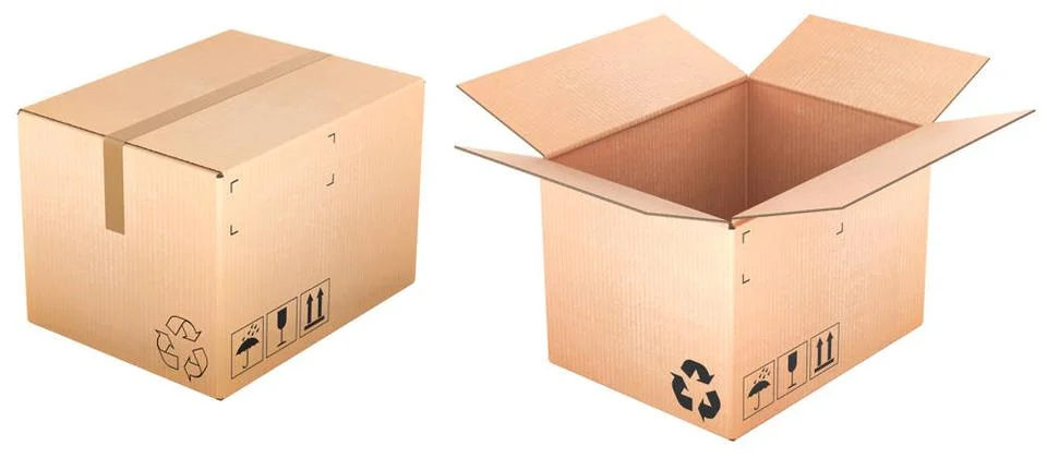 Parcels, cardboard boxes. Opened, empty and closed parcels. 3D rendering P... Stock Photos