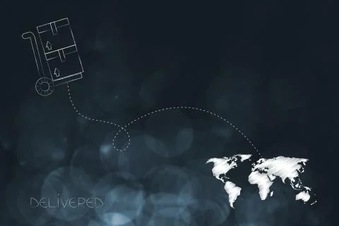 Parcels on cart with dashed line route to destination on world map Stock Illustration