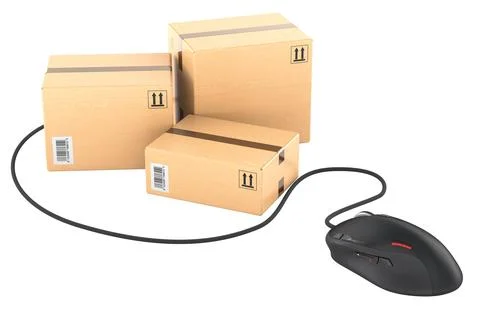 Parcels with computer mouse, 3D rendering Stock Illustration