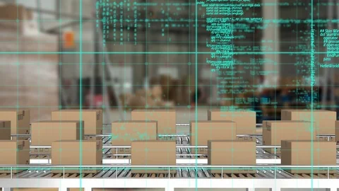 Parcels on conveyor belts with data processing Video stock 117189031