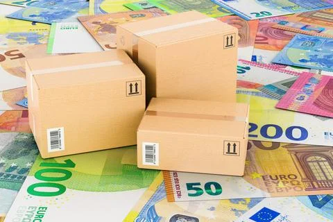 Parcels on the euro background, 3D rendering Stock Illustration
