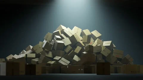 Parcels falling down creating a huge pile of cardboard delivery boxes. Warehouse Stock Footage 163555077