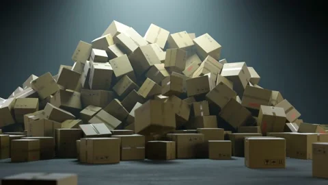 Parcels falling down creating a huge pile of cardboard delivery boxes. Warehouse Stock Footage 201089123