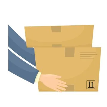 Parcels in hands, courier delivery. Vector illustration in cartoon flat style. Stock Illustration