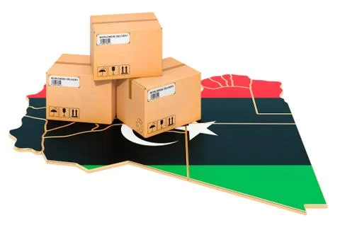 Parcels on the Libyan map. Shipping in Libya, concept. 3D rendering Stock Illustration