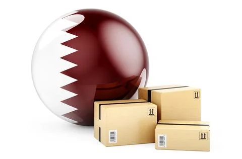 Parcels with Qatari flag. Shipping and delivery in Qatar, concept. 3D renderi Stock Illustration