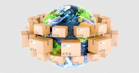 Parcels rotating around the Earth Globe. Global shipping and delivery conce.. Stock Footage 296439030