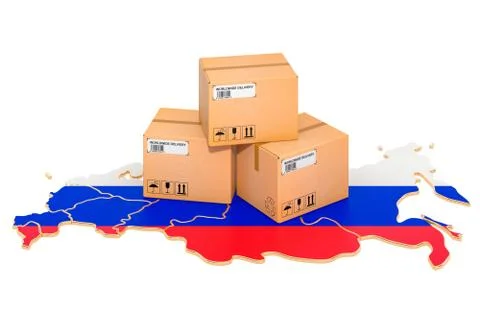 Parcels on the Russian map. Shipping in Russian Federation, concept. 3D rende Stock Illustration