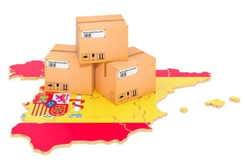 Parcels on the Spanish map. Shipping in Spain, concept. 3D rendering Stock Illustration