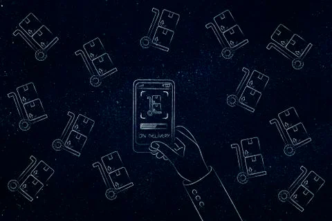Parcels surrounding hand holding smartphone with delivery notification Stock Illustration