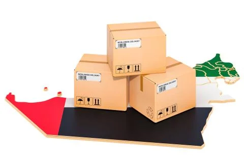 Parcels on the UAE map. Shipping in the United Arab Emirates, concept. 3D ren Stock Illustration