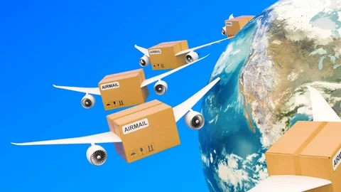Parcels with wings flying in the sky around Earth globe. Global shipping and Stock Footage 84075389