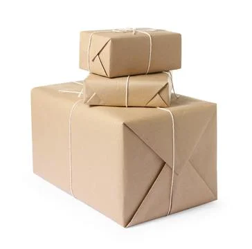 Parcels wrapped in kraft paper isolated on white 스톡 사진