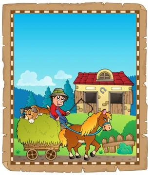 Parchment with farmer riding cart Ilustración de archivo