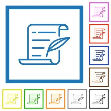 Parchment feather pen outline flat framed icons Stock Illustration