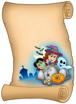 Parchment with Halloween characters Stock Illustration