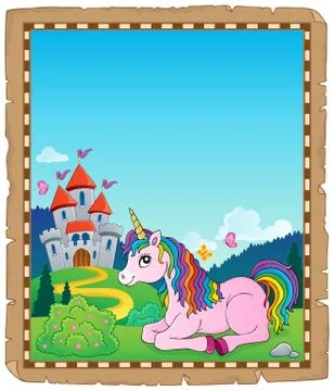 Parchment with lying unicorn theme Illustrazione stock