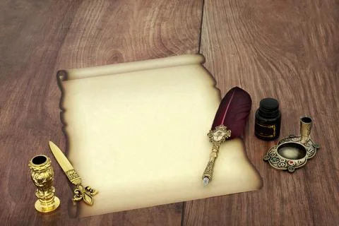 Parchment Paper Scroll with Old Feather Quill Pen Stock Photos