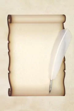 Parchment Paper Scroll with White Feather Quill Pen Stock Illustration
