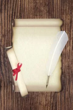 Parchment Paper Scroll with White Feather Quill Pen Stock Photos