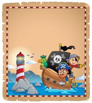Parchment with pirate boat theme Illustrazione stock