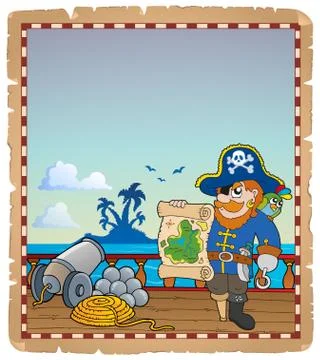Parchment with pirate ship deck - illustration. Stock Illustration