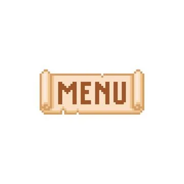 Parchment roll with MENU text, old paper scroll pixel button vector icon, retro Stock Illustration