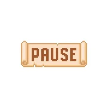 Parchment roll with PAUSE text, old paper scroll pixel button vector icon, retro Stock Illustration