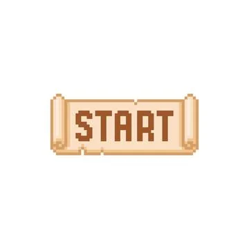 Parchment roll with START text, old paper scroll pixel button vector icon, retro 스톡 일러스트