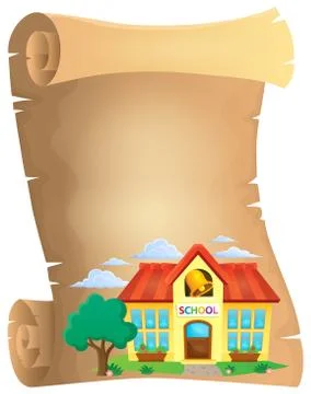 Parchment with school building - eps10 vector illustration. Ilustración de archivo