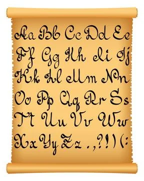 Parchment scroll and calligraphic letters of the english alphabet Stock Illustration