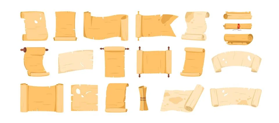 Parchment scrolls set, old papyrus rolls collection with ancient paper sheet Illustration