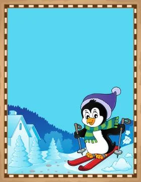Parchment with skiing penguin Stock Illustration