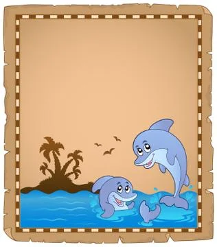 Parchment with two dolphins - eps10 vector illustration. Stock Illustration