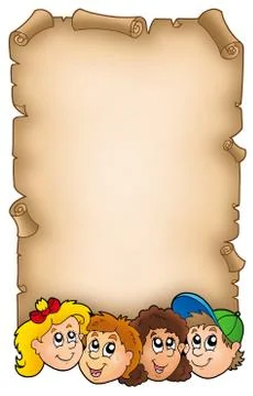 Parchment with various kids faces Stock Illustration