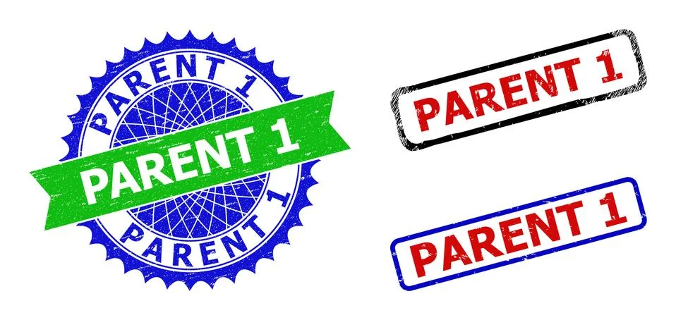 PARENT 1 Rosette and Rectangle Bicolor Badges with Distress Textures Stock Illustration