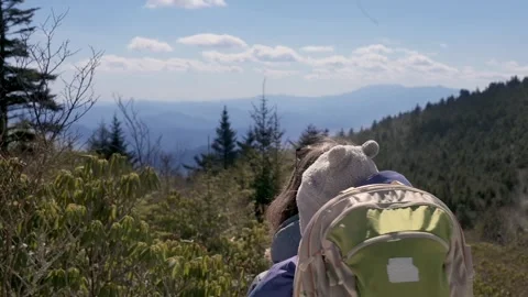 A parent and child in a backpack carrier enjoy a scenic mountain view on a sunny Stock Footage 280020394