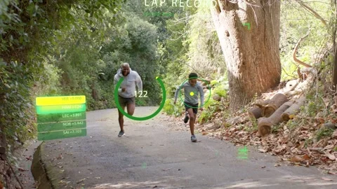 Parent and child bending to start, sprinting down wooded trail, fitness HUD Stock Footage 333033826