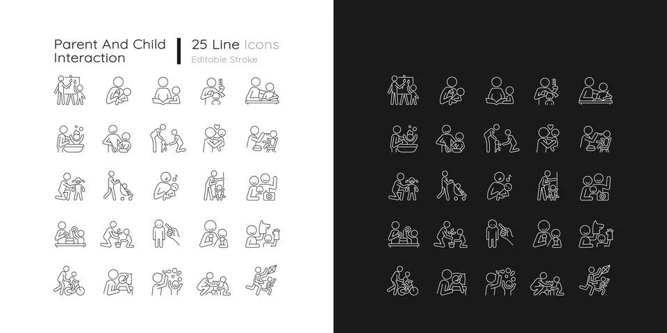 Parent and child interaction linear icons set for dark and light mode Stock Illustration
